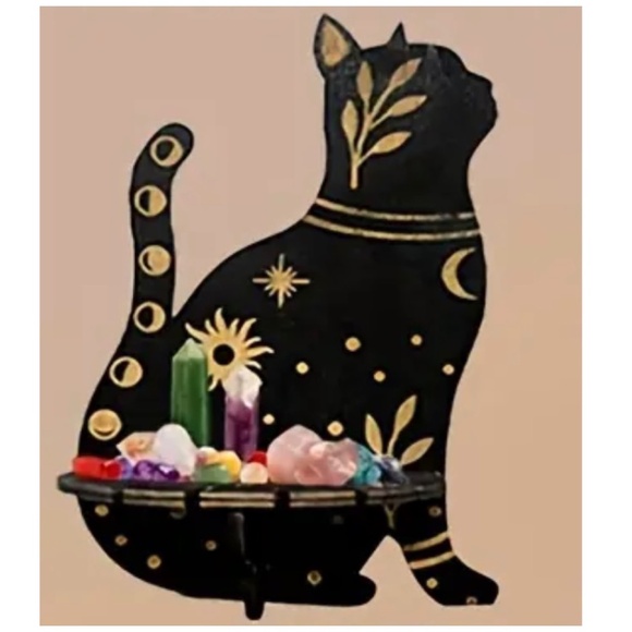 NEW! Majestic Black and Gold Sitting Cat Crystal / Gemstone Display Wall Shelf! - Picture 1 of 4